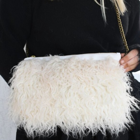 Tibetan Lamb Faux Fur Off White Crossbody Bag - Picture 1 of 2